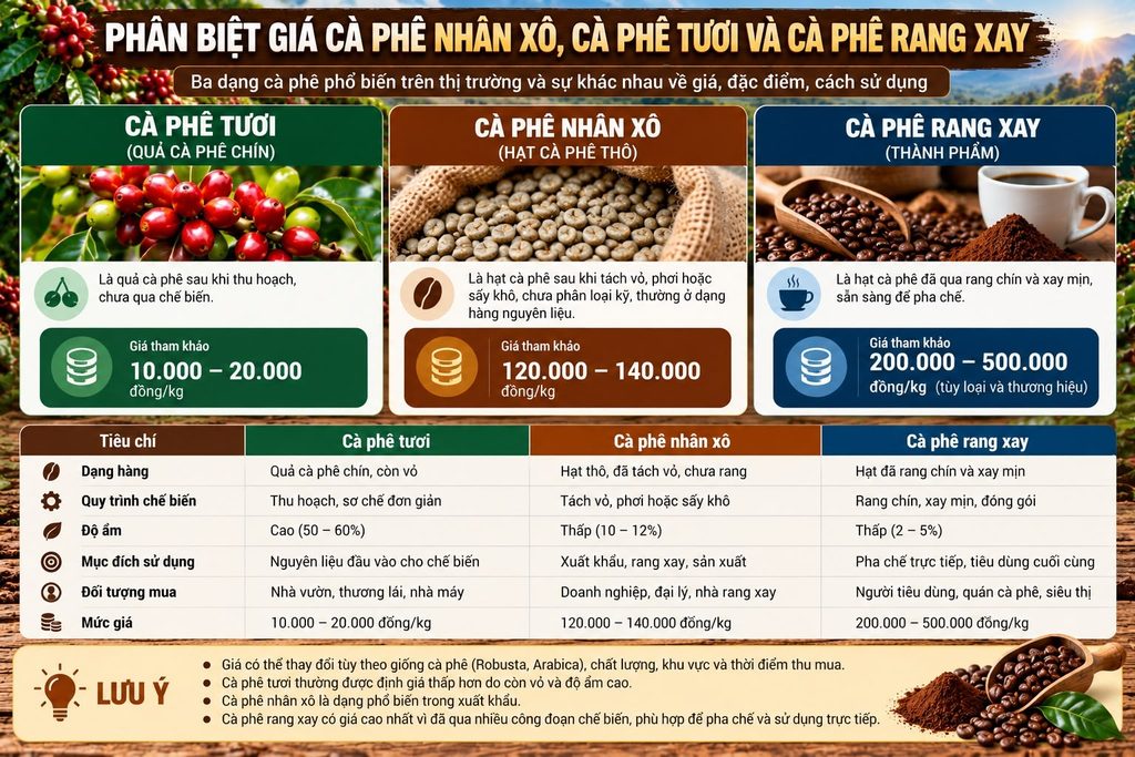 Phân biệt giá cà phê nhân xô, cà phê tươi và cà phê rang xay